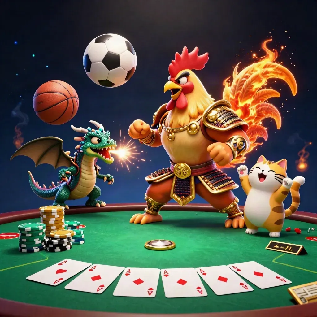 Rooster samurai, dragon hatchling and fortune cat amid casino chips, cards and flying sports balls