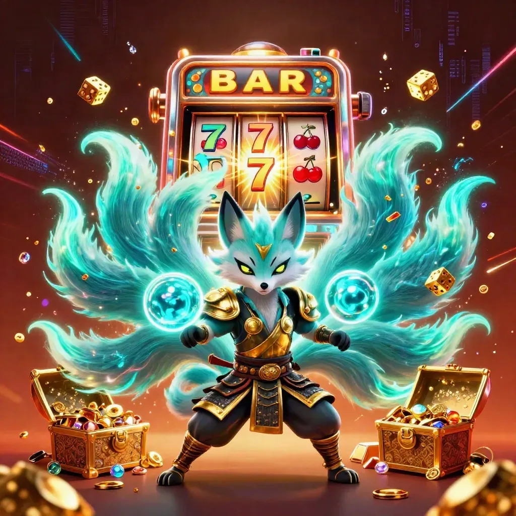 Fox spirit and armored mouse amid exploding jackpot machine, gold and neon teal casino chaos.