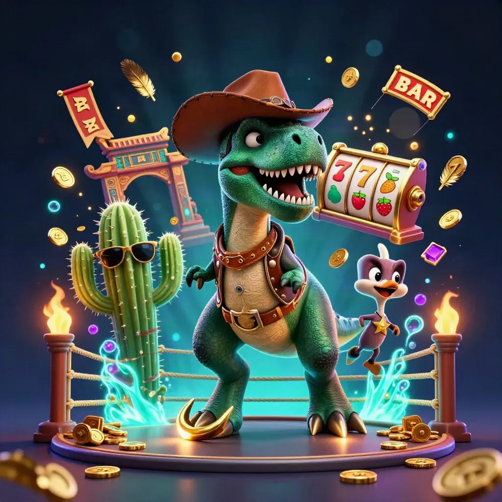 Cowboy T-Rex, cactus, and roadrunner burst through a neon casino treasure storm.