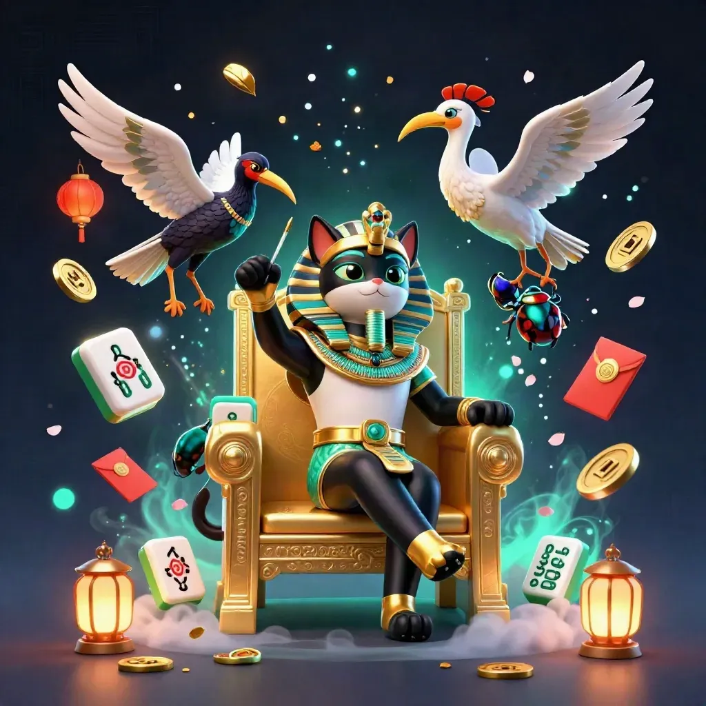 Pharaoh cat on throne with ibis scribe and gem-winged scarabs amid teal casino treasure burst
