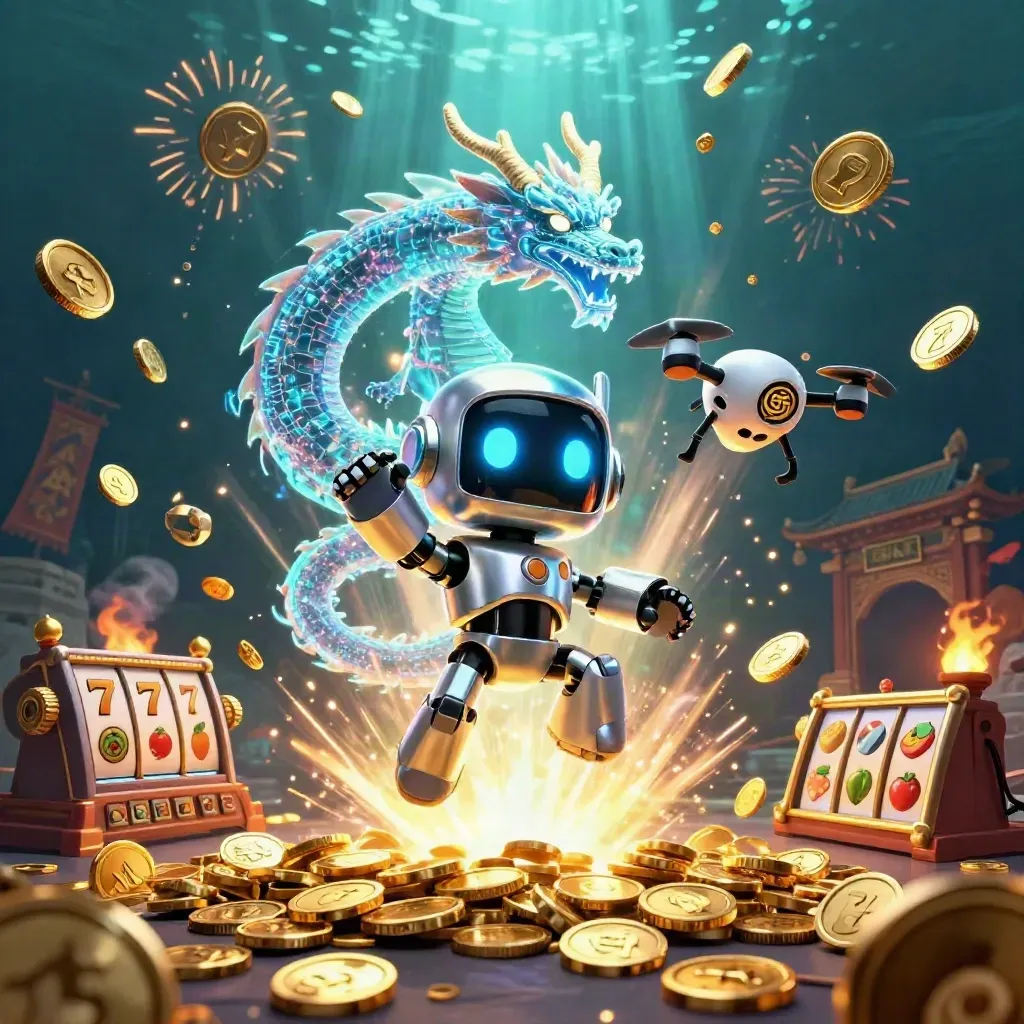 Cyberpunk robot, holographic dragon, and coin drone amid vault-burst coins, fireworks, and casino effects.