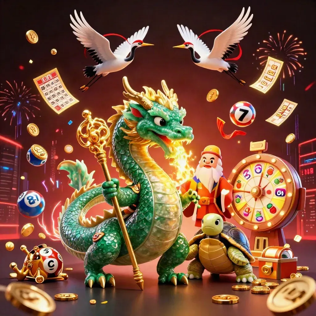 Emerald dragon, turtle sage, and cranes amid coins, fire, jackpots, and neon casino energy.