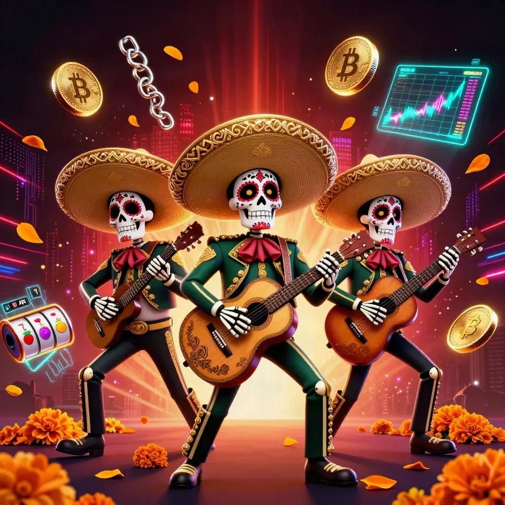 Day-of-the-Dead skeleton mariachi trio with neon coins, reels, and jackpot glow in a dark casino scene.