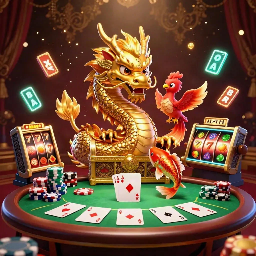 Golden dragon with phoenix and koi amid casino chips, cards, reels, and luxe glow